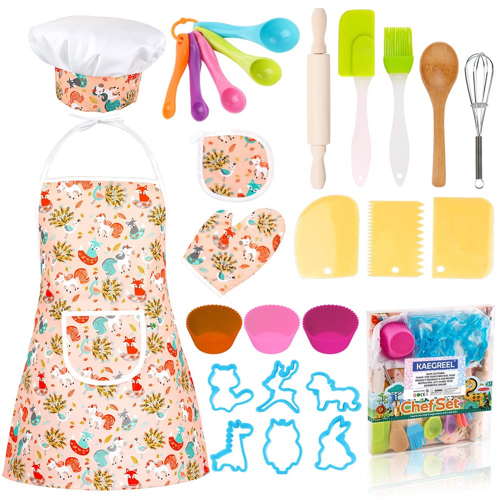 KAEGREEL Kids Baking Chef Set with Unicorn Apron and Mitt, 26pcs Kitchen Toys Kid Cooking Set with Chef Hat Spoons Whisk, Chef Role Play Gifts for Girls Boys Aged 3 4 5 6 8 Year Old