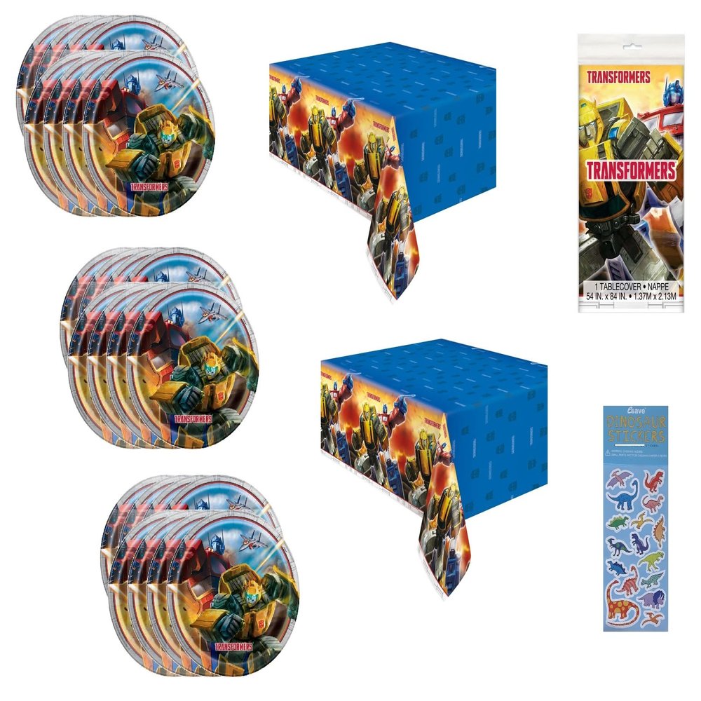 Unique Transformers Birthday Party Supplies Bundle Set - Serves 24 - Includes 24 Lunch Plates, 2 Plastic Table Covers