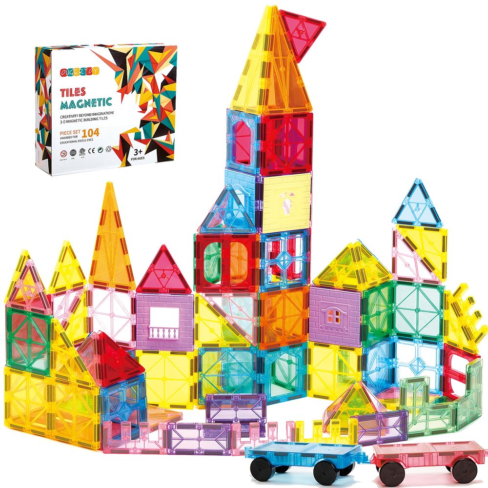 OugerToy 104PCS Magnetic Building Tiles, STEM Educational Stacking Blocks, Construction Toys for Kids Ages 3-9, Creative Toddler Boy Girl Christmas Birthday Gift