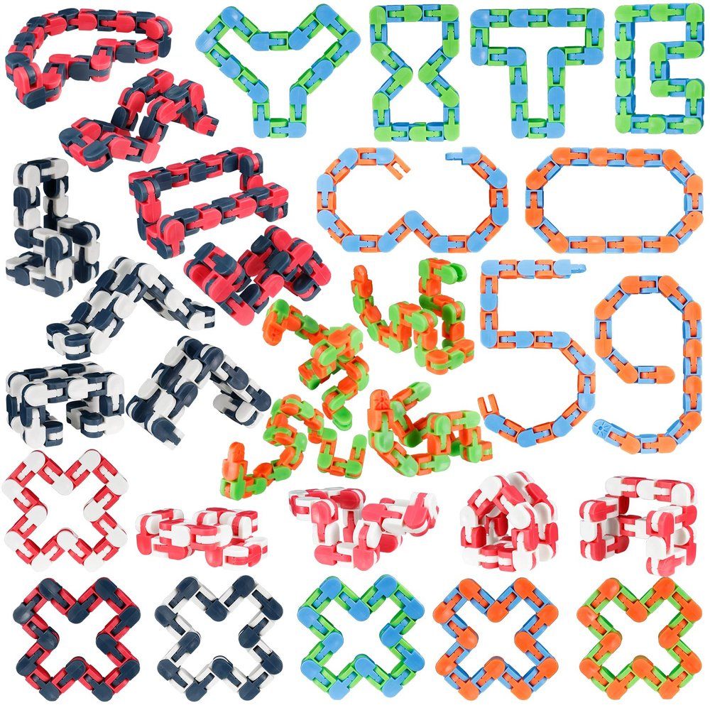LENDOD 30 Pack Wacky Tracks Snap and Click Fidget Toys Finger Sensory Toys, 24 Links Snake Puzzles for Stress Relief, Party Bag Fillers, Party Supplies