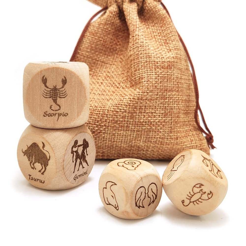 Hometu 2 Pairs Set Zodiac Constellation Dice Set - 2Pcs 20MM + 2Pcs 30MM Engraved Wooden Wood