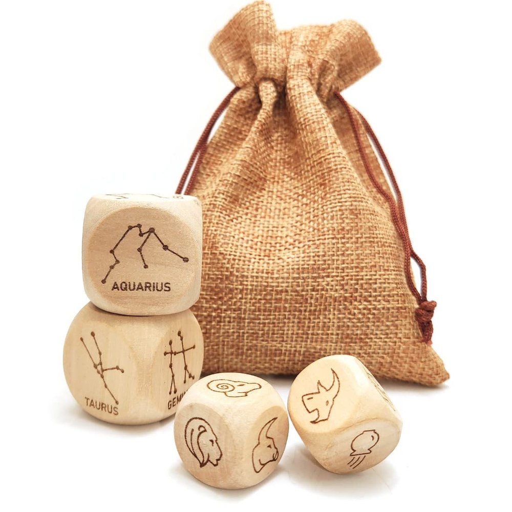 Hometu 2 Pairs/Set Zodiac Constellation Dice Set - 2Pcs 20MM + 2Pcs 30MM Engraved Wooden Astrological Dices for Divination Accessory (V2(20MM)+V2(30MM))
