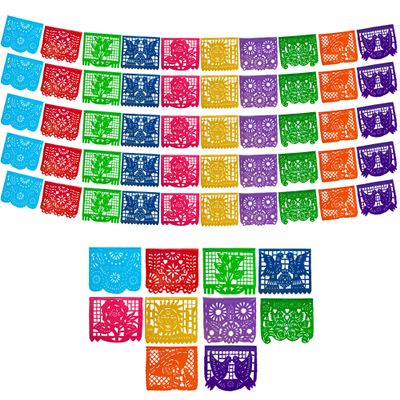 Mexican Party Banners (5 Pack with 10 Plastic Flags per Banner) - Papel Picado Mexicano para Fiesta - Plastic Papel Picado - Fiesta Themed Party Decorations - Mexican Decor