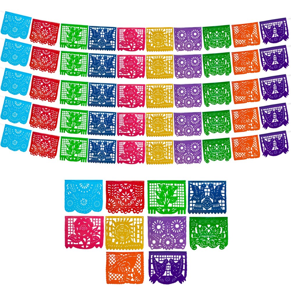 Mexican Party Banners (5 Pack with 10 Plastic Flags per Banner) - Papel Picado Mexicano para Fiesta - Plastic Papel Picado - Fiesta Themed Party Decorations - Mexican Decor