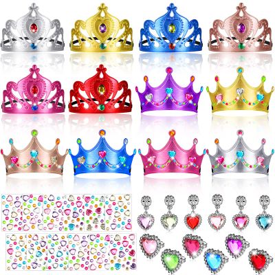 36 Pieces Foam Crowns for Adults Princess Tiaras Crowns Bulk Jewelry Toys DIY Crystal Diamond Sticker King Crown Party Earring Ring Princess Dress up Birthday Party Favors Supplies