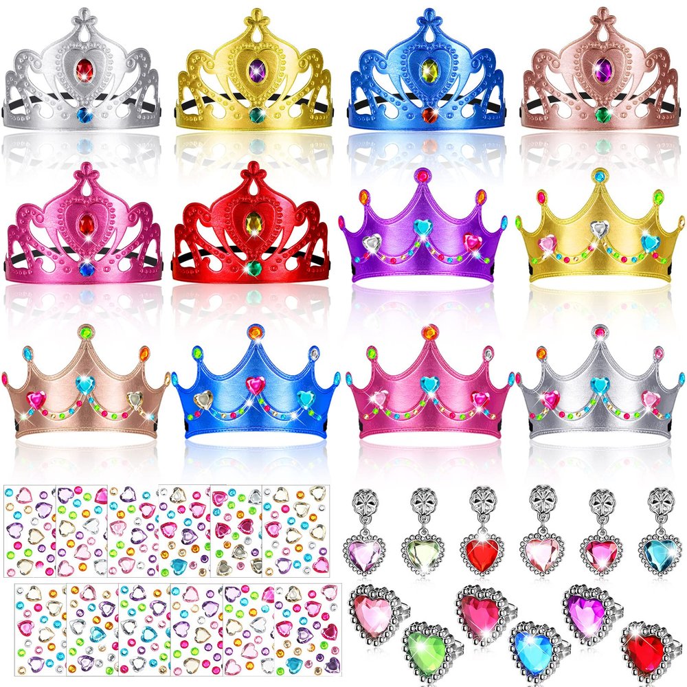 36 Pieces Foam Crowns for Adults Princess Tiaras Crowns Bulk Jewelry Toys DIY Crystal Diamond Sticker King Crown Party Earring Ring Princess Dress up Birthday Party Favors Supplies