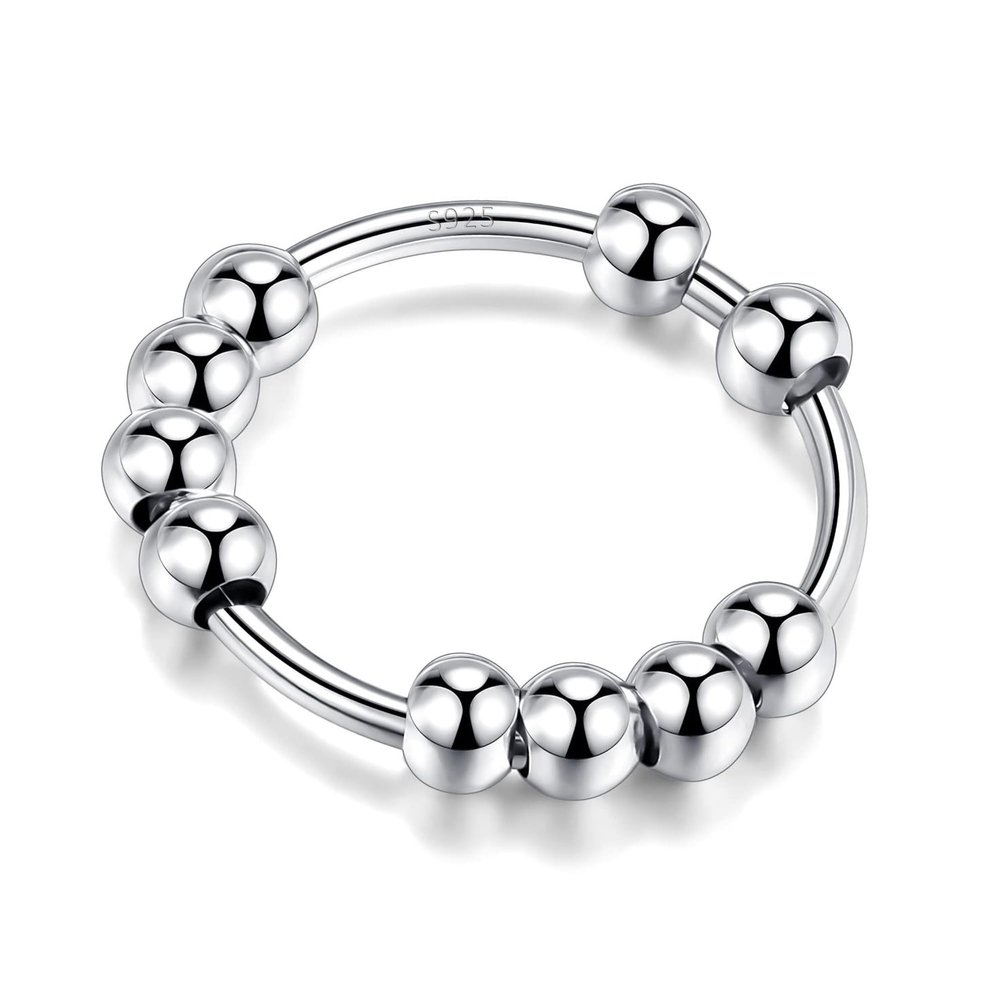 LOVECOM 925 Sterling Silver Anxiety Fidget with Beads Rings for Women Men Non Tarnish 14K Gold Plated Stress Relief Spinner Spinning Ring Releases Rotate Thumb Ring Valentines Jewelry Gifts