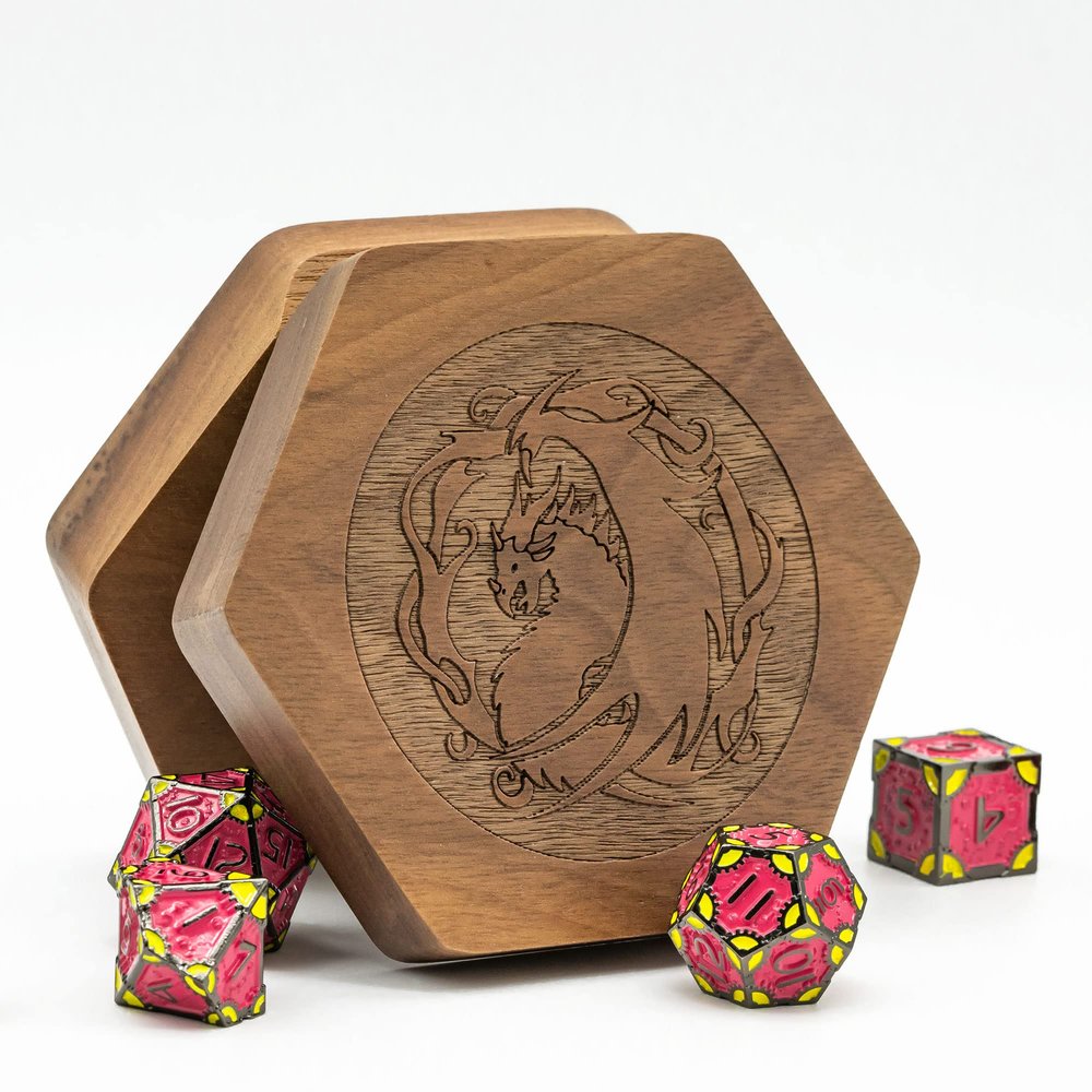 UDIXI Wooden Dice Box Hexagonal Walnut Dice Case with Magnetic Lid for Storage 7-Die D&D Polyhedral Dice, Easy Carring, DND Gift (Dragon Pattern)