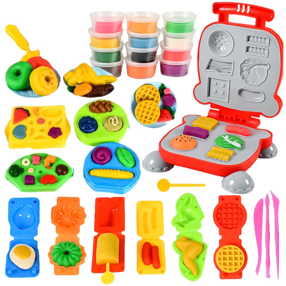 Color Dough Set Kitchen Creations Waffle Pizza Burger Maker Pretend Chef Toy Play Food Modeling Tools Kit with 12 Colors Wheat Doughs for Kids Girls Boys Christmas Birthday Gift 40Pcs