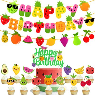 21pcs Fruit Birthday Party Decoration Set Fruit Theme Happy Birthday Banner Garland Cake Cupcake Toppers Balloons for Summer Themed Party Supplies