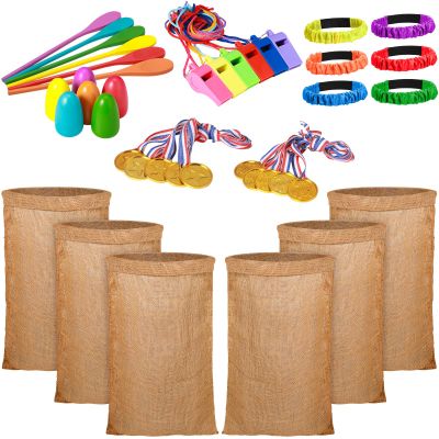 40 Pieces Outdoor Carnival Game Set Includes 6 Potato Sack Race Bags, 6 Egg and Spoon Race Game, 6 Legged Race Bands Egg Hunt Family Gathering Party Favor, 6 Whistles and 10 Medals for The Game
