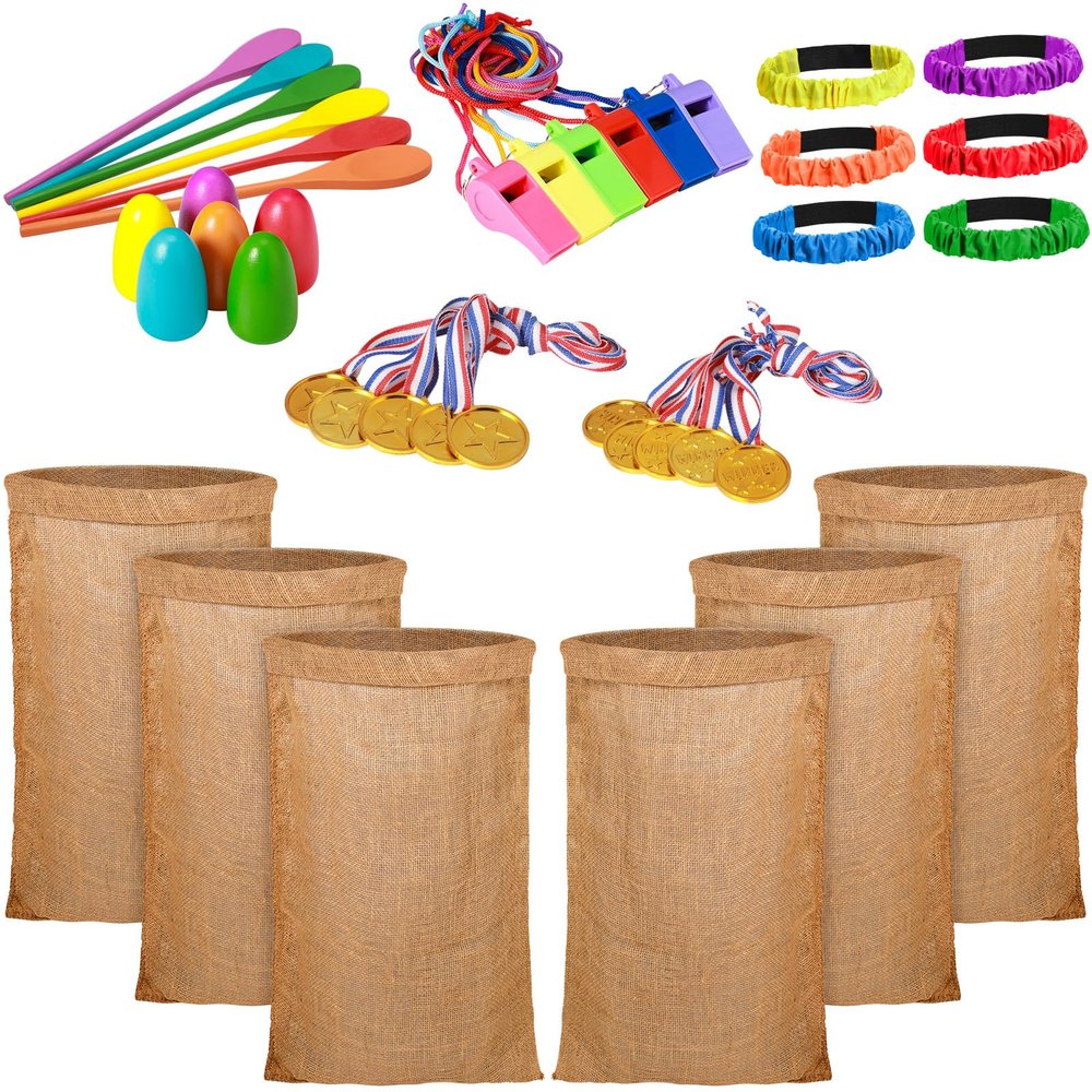 40 Pieces Outdoor Carnival Game Set Includes 6 Potato Sack Race Bags, 6 Egg and Spoon Race Game, 6 Legged Race Bands Egg Hunt Family Gathering Party Favor, 6 Whistles and 10 Medals for The Game