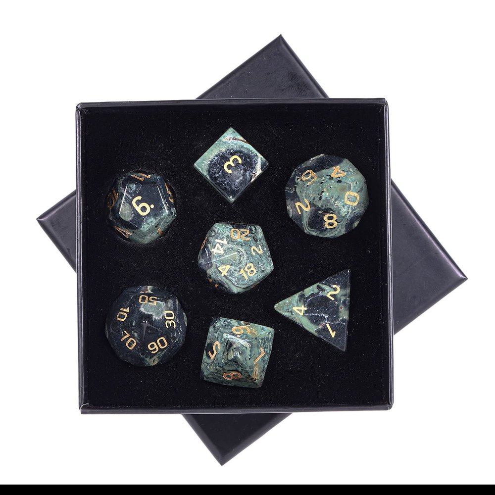 mookaitedecor 7 PCS Kambaba Jasper Crystal Polyhedral DND Dice Set, Polished Tumbled Stones Dices for RPG MTG Table Games Home Decoration
