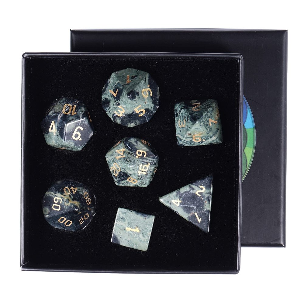 rockcloud Kambaba Jasper DND Polyhedral Dice Set of 7, Healing Crystal Stone Hand-Made Dices with Dice Box for RPG MTG Table Games Home Office Decor