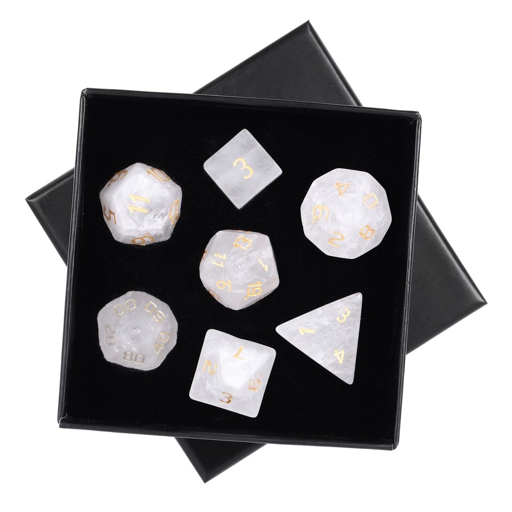 mookaitedecor 7 PCS Rock Quartz Crystal Polyhedral DND Dice Set, Polished Tumbled Stones Dices for RPG MTG Table Games Home Decoration