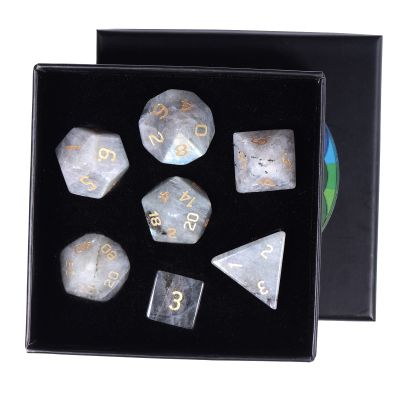 rockcloud Labradorite Stone DND Polyhedral Dice Set of 7, Healing Crystal Stone Hand-Made Dices with Dice Box for RPG MTG Table Games Home Office Decor