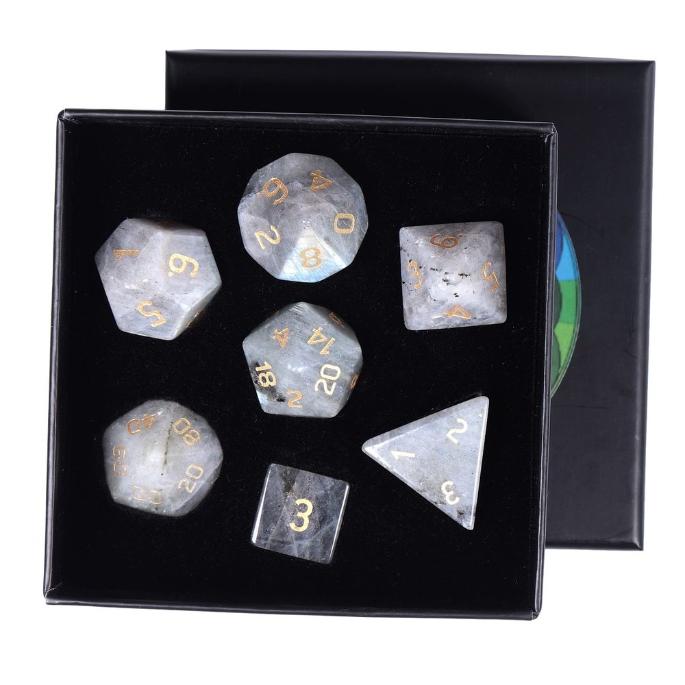 rockcloud Labradorite Stone DND Polyhedral Dice Set of 7, Healing Crystal Stone Hand-Made Dices with Dice Box for RPG MTG Table Games Home Office Decor
