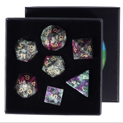 rockcloud Ruby in Fuchsite Stone DND Polyhedral Dice Set of 7, Healing Crystal Stone Hand-Made Dices with Dice Box for RPG MTG Table Games Home Office Decor