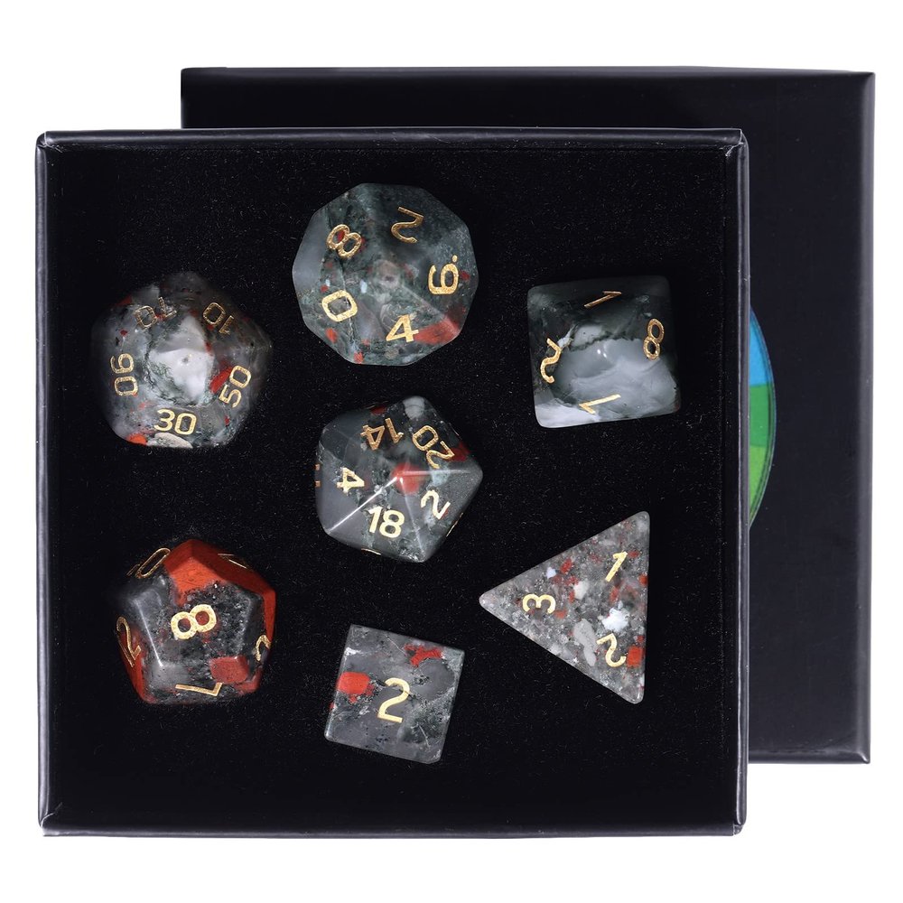 rockcloud Africa Bloodstone DND Polyhedral Dice Set of 7, Healing Crystal Stone Hand-Made Dices with Dice Box for RPG MTG Table Games Home Office Decor