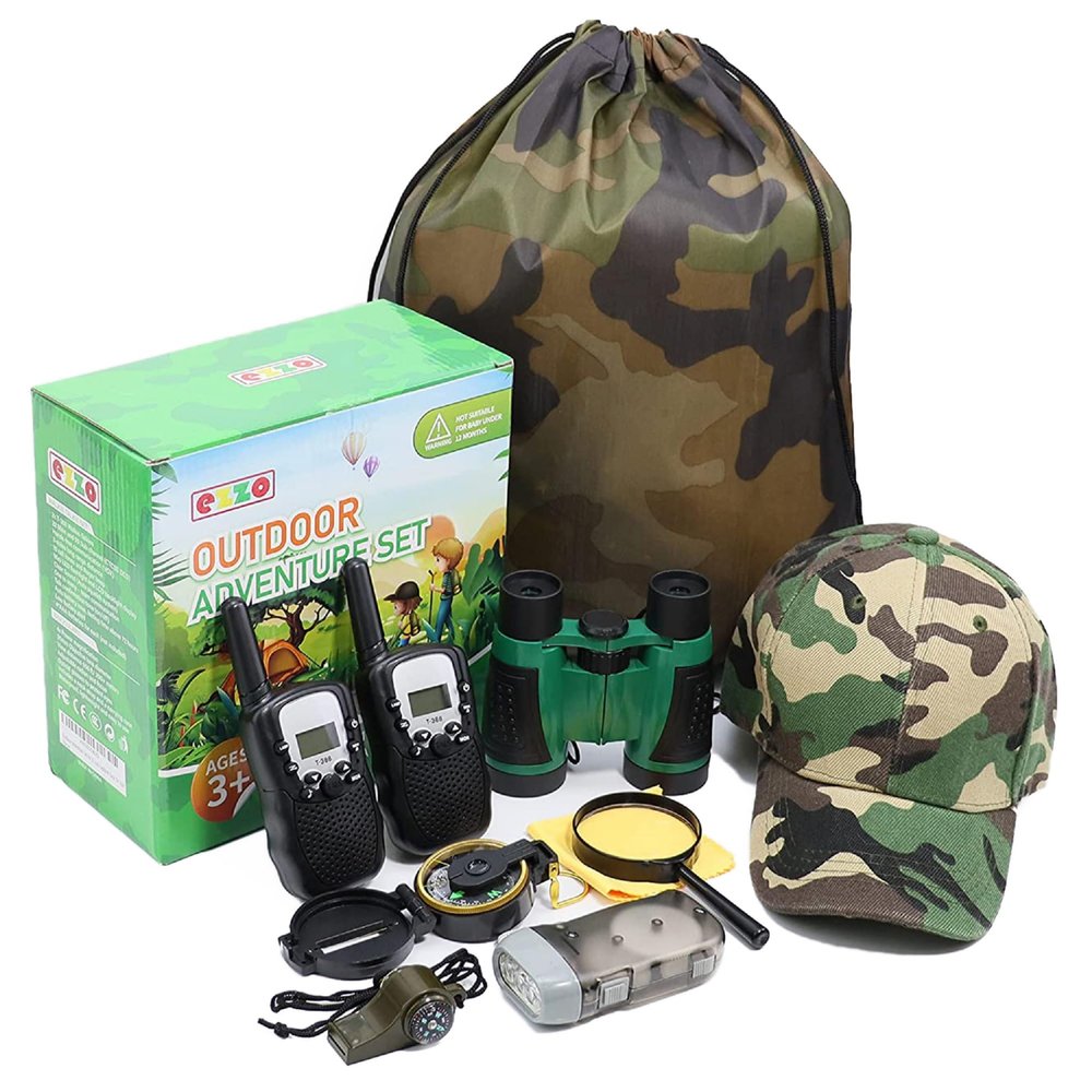Ezzo Outdoor Adventure Kit for Kids  Walkie-Talkies & Pretend Play Gear  Camouflage Camping, Safari, Hunting Set  Backyard Explorer Toys for Boys & Girls