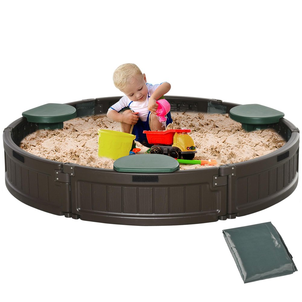 Outsunny Kids Outdoor Sandbox with Cover Garden Bed Sand Pit, Easy Assembly Children's Round Sandbox for Backyard, Brown, 48.5" x 48.5" x 8.75"