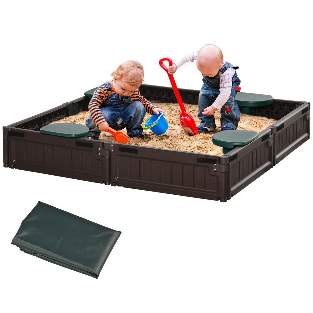 Outsunny Kids Outdoor Sandbox with Cover Garden Bed Sand Pit, Easy Assembly Children's Square Sandbox for Backyard, Brown, 48.5" x 48.5" x 8.25"
