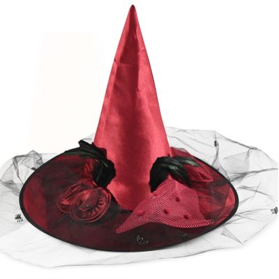 Skeleteen Deluxe Pointed Witch Hat - Glamorous Red Witches Accessories Fancy Satin Hat with Bow, Spiders and Black Feathers
