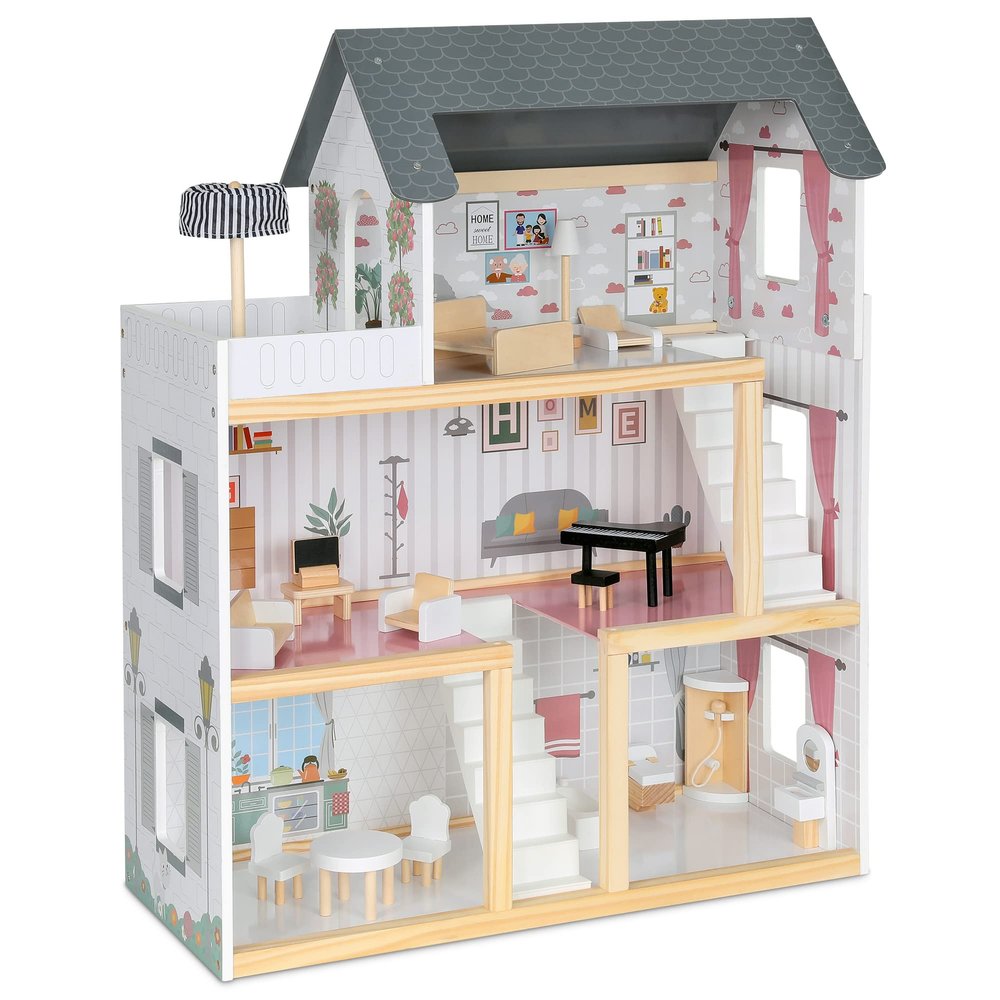 Lil' Jumbl Jumbl Kids Wooden Dollhouse, 17-Piece Accessories & Furniture are Included, with Balcony & Stairs, 3 Story Easy to Assemble Doll House Toy