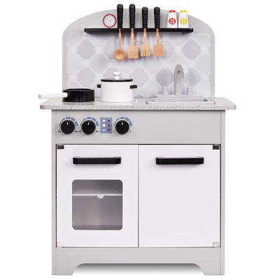 Lil' Jumbl Kids Pretend Kitchen Playset, Pretend Wooden Play Kitchen Toy, Realistic Setup, Includes Pot & Pan, 4 Utensils, Salt & Pepper Shaker, Gray