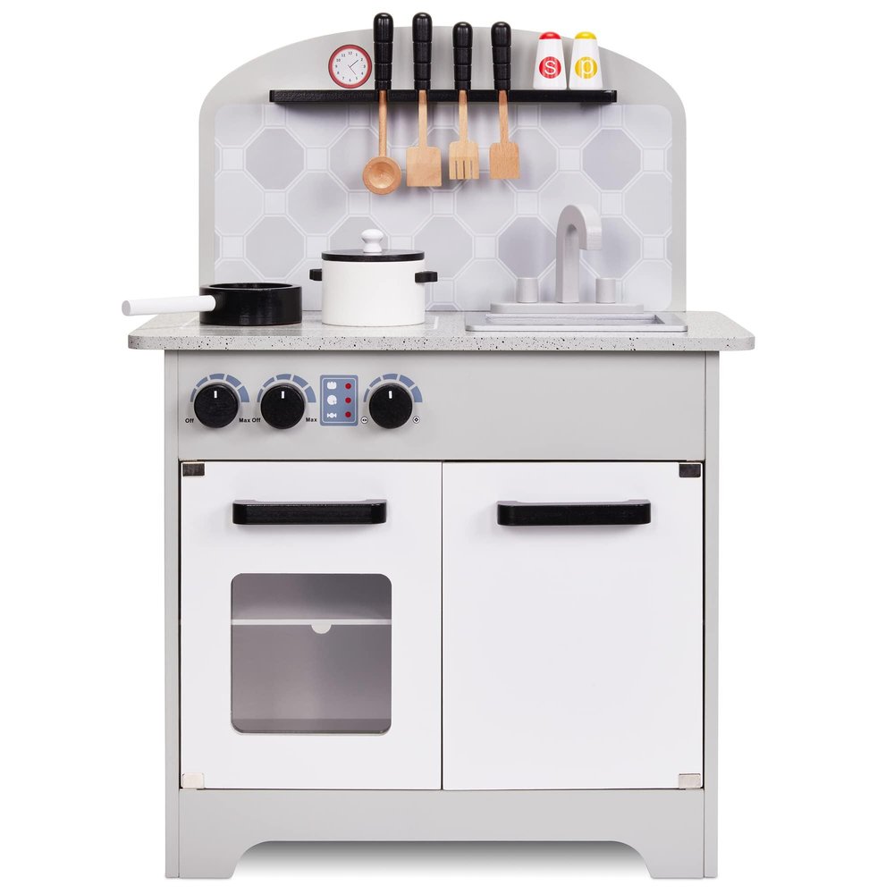 Lil' Jumbl Kids Pretend Kitchen Playset, Pretend Wooden Play Kitchen Toy, Realistic Setup, Includes Pot & Pan, 4 Utensils, Salt & Pepper Shaker, Gray
