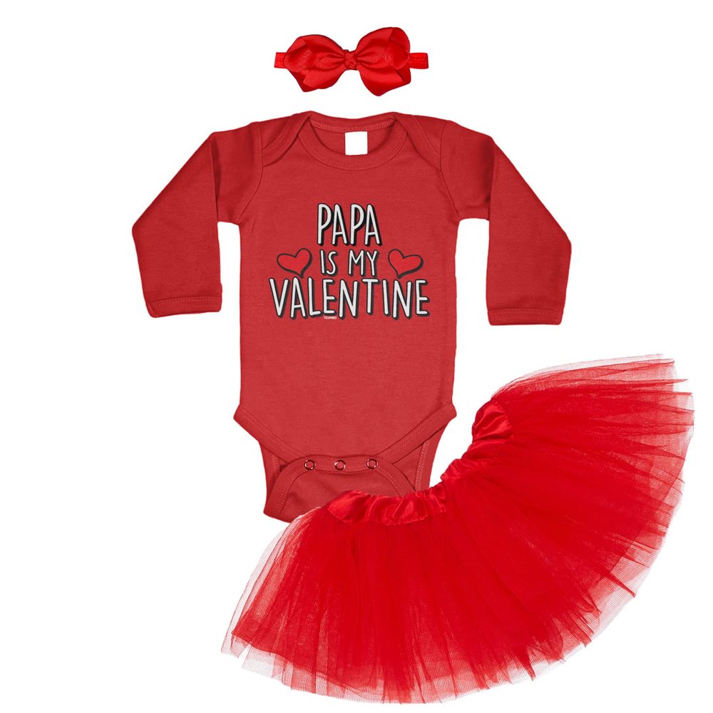 Tcombo Papa Is My Valentine - Valentine's Day Toddler T-Shirt + Tutu Skirt + Bow Headband Set (Long Sleeve Red Bodysuit/Red Tutu, 18 Months)