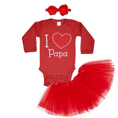 I Love Papa - Valentine's Day Toddler T-Shirt + Tutu Skirt + Bow Headband Set (Long Sleeve Red Bodysuit/Red Tutu, Newborn)