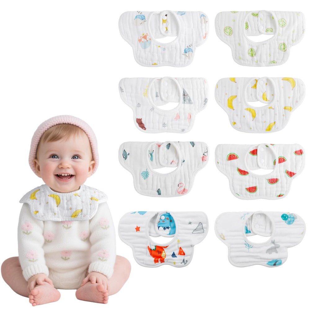 8-Pack 360 Rotate Organic Cotton Baby Bibs, Newborn Muslin Bibs For Teething And Drooling,Unisex Baby Bibs For Toddler, Adjustable With Snaps, Super Soft & Absorbent Baby Bibs For Boys And Girls