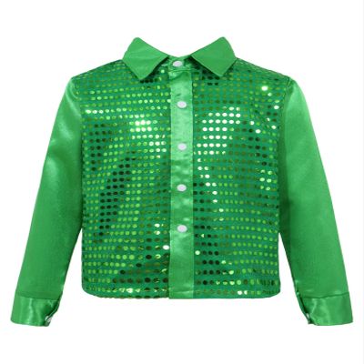 winying Kids Boys Glittery Sequined Long Sleeve Shirt Hip-hop Jazz Street Party Show Performance Dancewear Green 10-12 Years