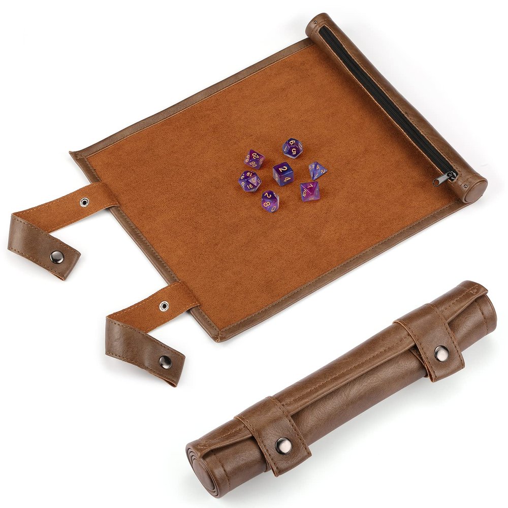 ROSELLE 2 in 1 Leather Dice Mat Dice Tray for DND Dice, Scroll Dice Tray and Rolling Mat with Zipper Holder, Compatible with DND D&D Dungeons & Dragons Game (BrownOnly Mat)