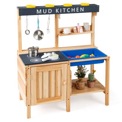 Costzon Mud Kitchen, Wooden Kitchen Playset w/Realistic Utensils, Removable Sink, Top Cup Holders, Hooks, Oven Door, 2 Shelf Storage, Outdoor Mud Kitchen for Kids 3-8 Years Old
