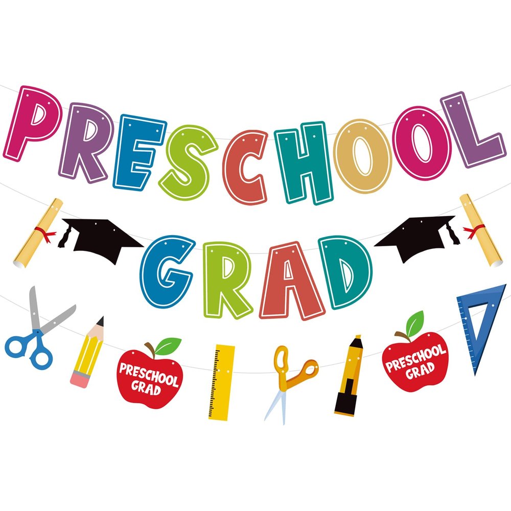 Deneo Preschool Graduation Banner 2025, 3-Pack Multicolor Standard Banners for Classroom or Party Venue, Pre-Assembled, Pre-Strung, Reusable