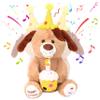Hopearl Adorable Happy Birthday Dog with Glowing Cupcake Musical Stuffed Animal Puppy Singing and Shaking Plush Toy Interactive Animated Kids Gifts, Brown, 15'' view 1