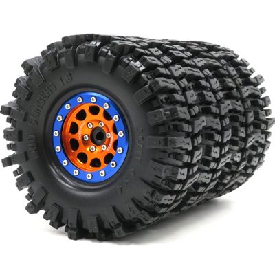 HOBBYSOUL 1.9 Mud Slingers Tires Soft Sticky Tyres 120mm / 4.72inch & Metal 1.9 Beadlock Wheels Orange Blue Rims for 1/10 RC Crawler Trail Traxxas TRX4 Axial SCX10 Redcat Gen8 upgarde