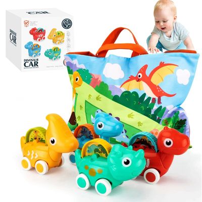 COVTOY 1 Year Old Boy Gift, 4 Sets of Vehicle Dinosaur Car Toys with Playmat and Storage Bag Baby Toys 12-18 Months First Birthday Gifts for 1 Year Old Infants and Toddlers