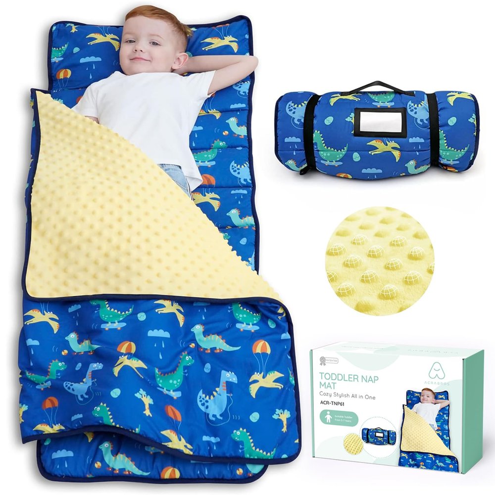 ACRABROS Toddler Nap Mat with Pillow and Blanket, Extra Large Rolled Napping Mats,Slumber Bags for Boys Girls,Kids Sleeping Bag for Daycare, Preschool Travel Camping, Dinosaur