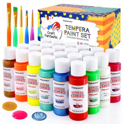 Fantastory Tempera Paint for Kids 24 Colors (2 oz Each) Washable Tempera Paint, Kids Poster Paint Sponge Painting, Non-Toxic Kids Paint Finger Paints Hand Paints Bottles Gifts