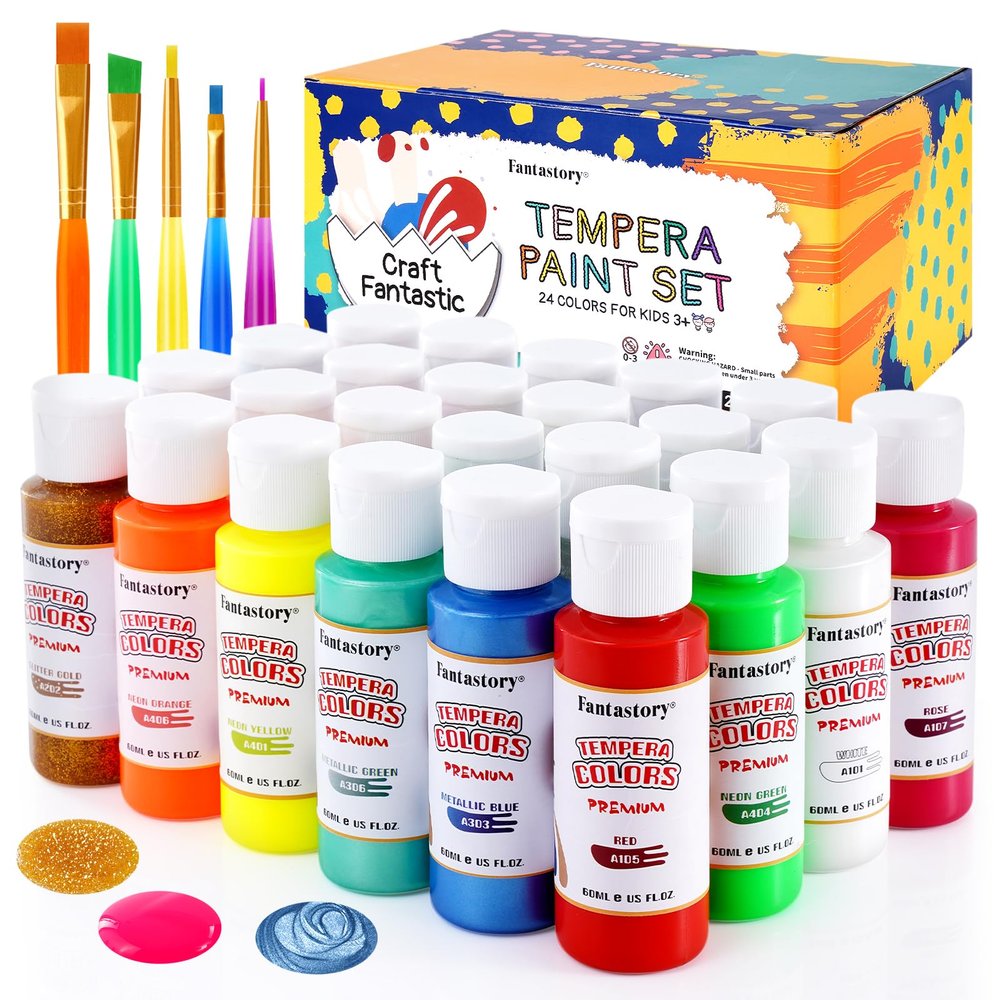 Fantastory Tempera Paint for Kids 24 Colors (2 oz Each) Washable Tempera Paint, Kids Poster Paint Sponge Painting, Non-Toxic Kids Paint Finger Paints Hand Paints Bottles Gifts