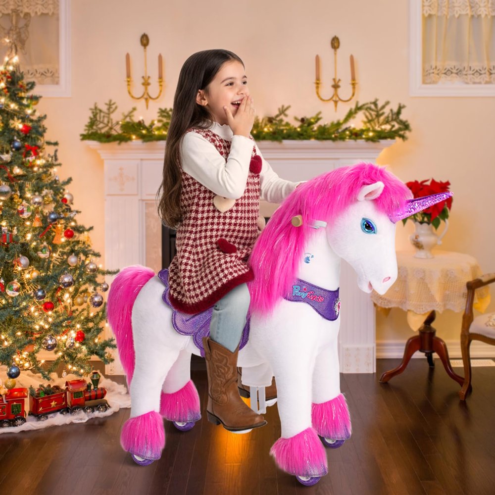 PonyCycle Ride on Unicorn Riding Unicorn Pink Toys Advanced Model Y Plush Animal (28.7" Height/Size 3 for Kids Ages 34) Indoor Outdoor Riding Horse, No Electricity Birthday Gift for Kids Y352