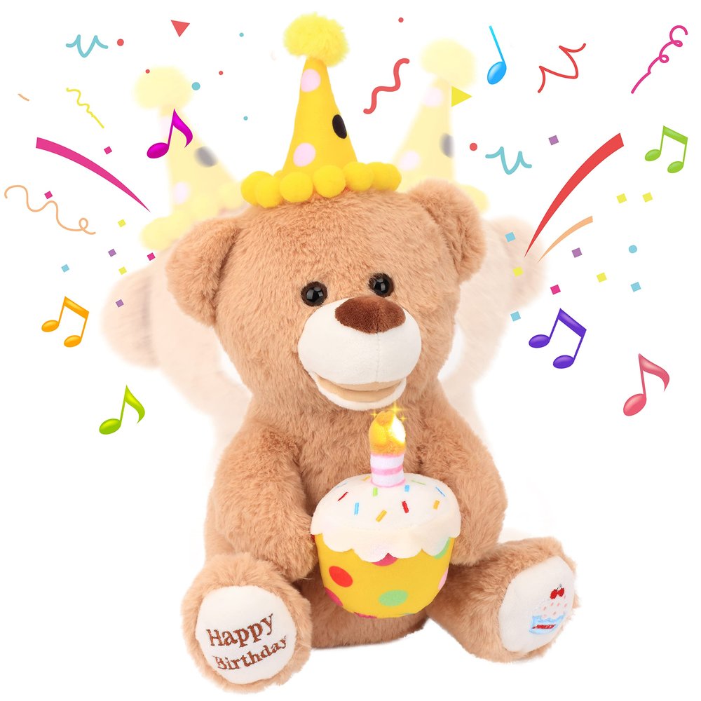 Hopearl Adorable Happy Birthday Teddy Bear with Glowing Cupcake Musical Stuffed Animal Bear Singing and Shaking Plush Toy Interactive Animated Kids Gifts, Brown, 15
