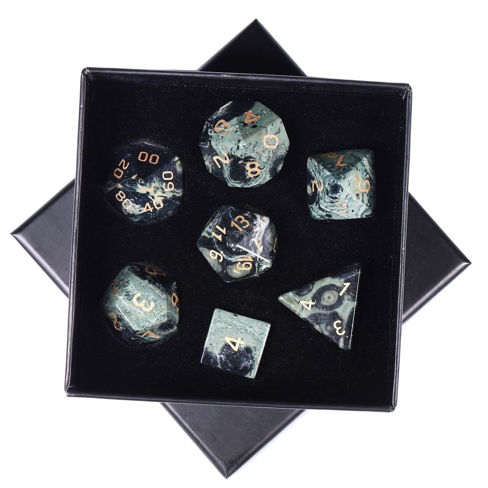 SUNYIK 7 PCS Polished Crystal Stone Polyhedral DND Dice Set for for RPG MTG Table Games, DND Game Dice Polyhedral Dungeons and Dragons for Office Home Decoration, Kambaba Jasper