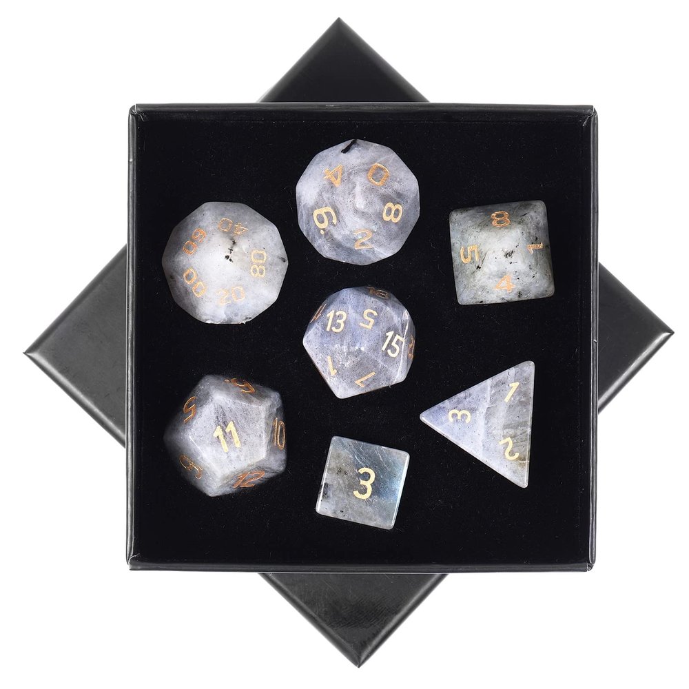 SUNYIK 7 PCS Polished Crystal Stone Polyhedral DND Dice Set for for RPG MTG Table Games, DND Game Dice Polyhedral Dungeons and Dragons for Office Home Decoration, Labradorite