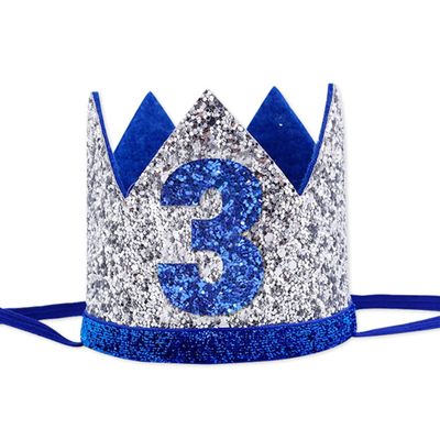 AULEGE Birthday Crown Glitter Tiara with 3rd Birthday Party Supplies for Baby Boy&Girl, Silver Blue