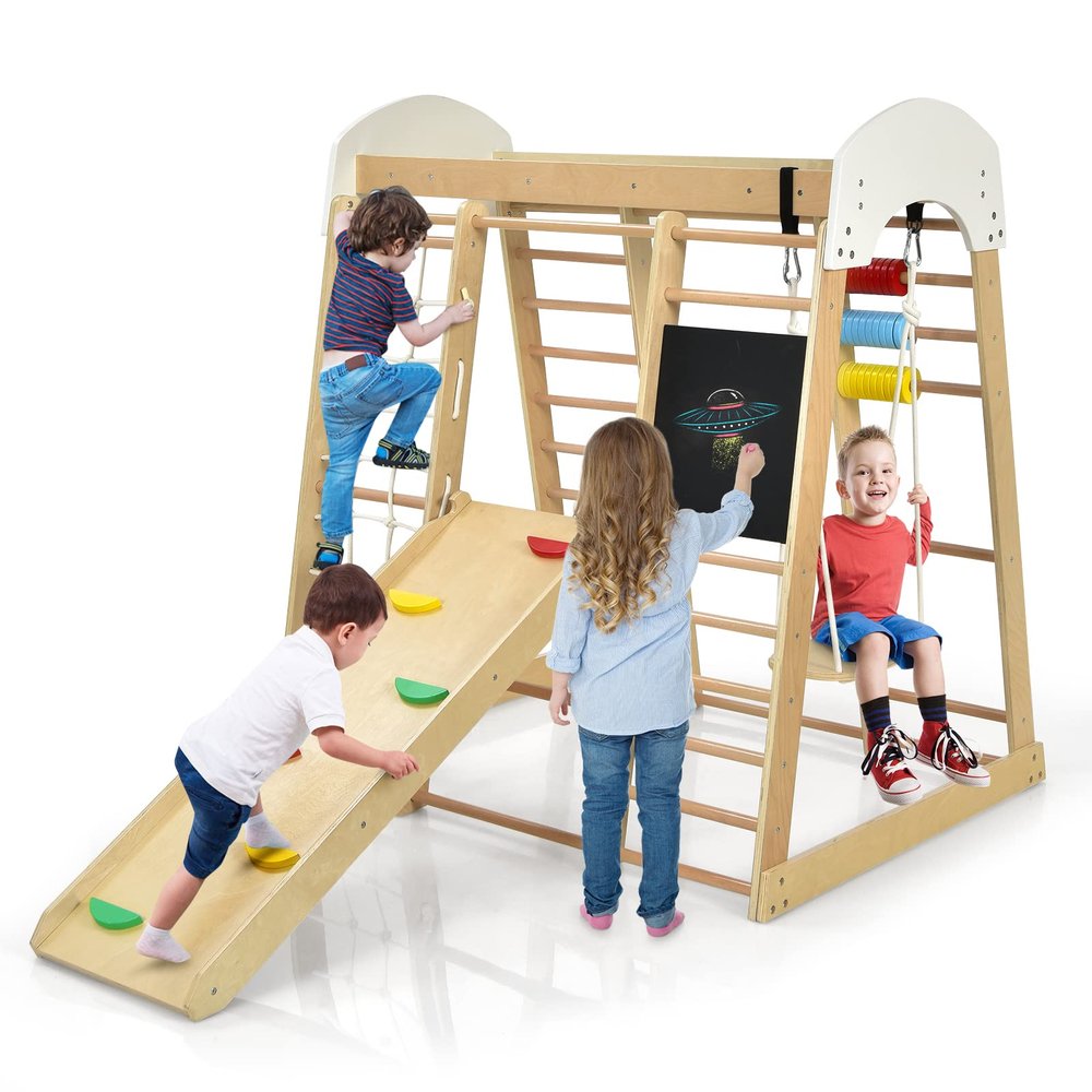 Costzon Indoor Playground, 8-in-1 Montessori Jungle Gym Beech Wood Climbing Toys for Toddlers w/Double-Sided Slide, Climbing Rock/Net, Indoor Playground Climber Playset for Kids 3+ Years (Natural)