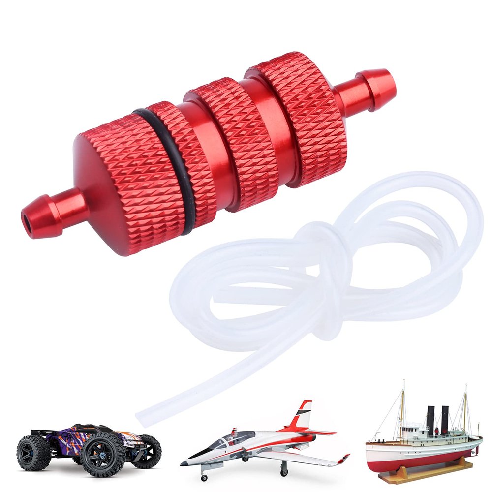 Aluminum RC Fuel Filter and Silicone Tubing for Nitro Powered RC Car RC Airplane Models (Red)